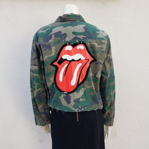 Vintage Cropped Camo Rolling Stones Military Utility Jacket